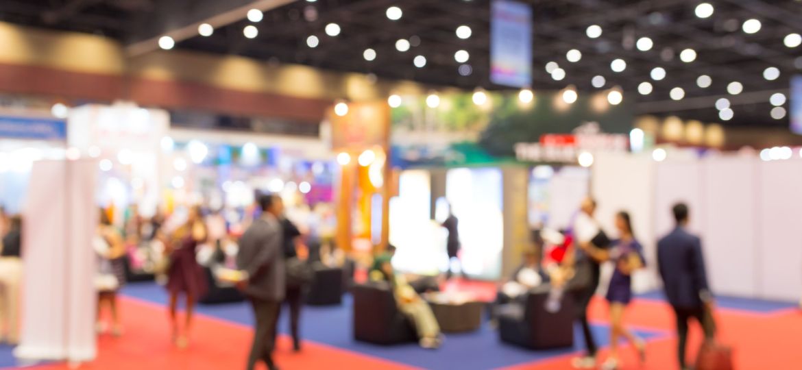 Abstract blurred event exhibition with people background, business convention show concept